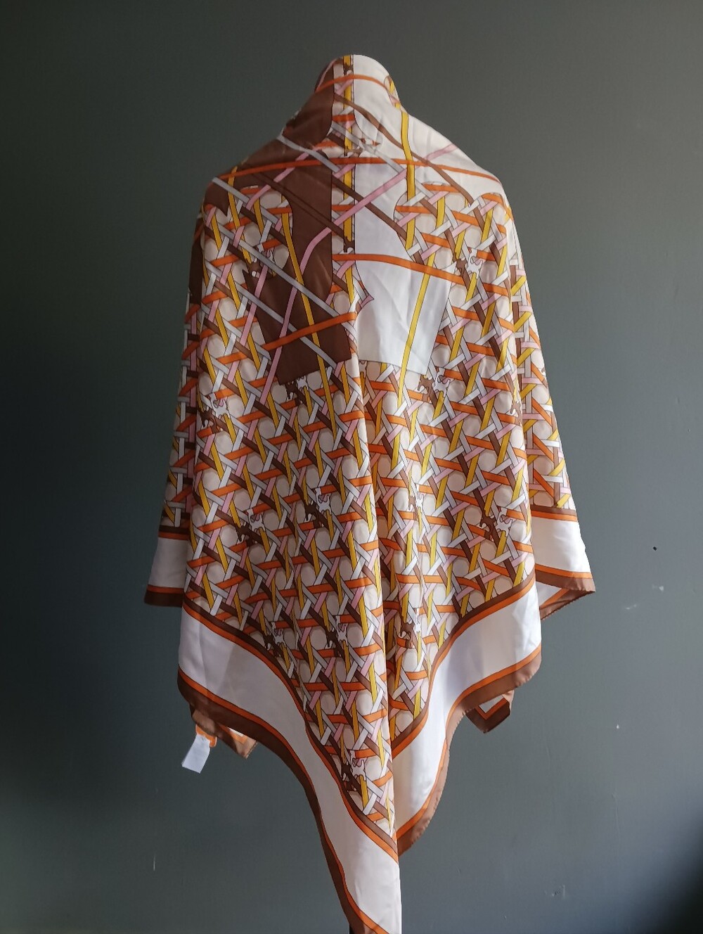 Tory Burch Basked - Weave Logo Oversized Orange and White Graphic Silk Scarf 53